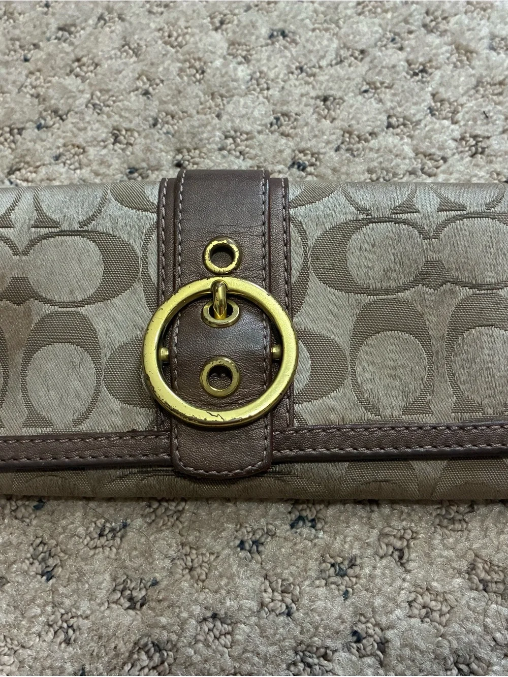 Coach Taupe Signature Canvas Wallet with Brown Trim and Gold Ring